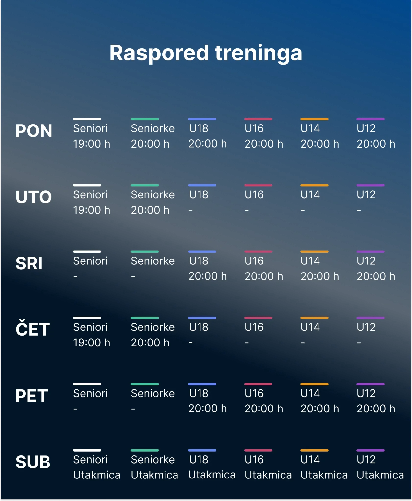 Raspored treninga za igrače - mobilna verzija